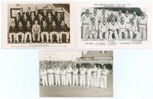 Australia tour to England 1953. Two mono/ sepia real photograph postcards of the Australian touring party seated and standing in rows wearing cricket attire. One with printed title &lsquo;The Australian Cricket Touring Team 1953 at Worcester, April 29th&rsquo;, plain