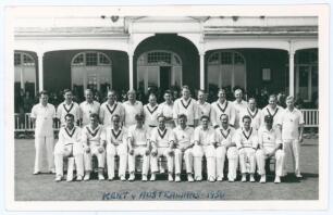 Kent v Australians 1956. Mono real photograph postcard of the teams seated and standing in rows wearing cricket attire in front of the pavilion at Canterbury for the tour match played 16th- 19th June 1956. Players featured include Wright, Leary, Phebey, P