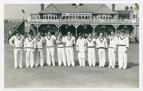 Australia tour to England 1956. Original mono real photograph postcard of the Australian team for the tour match v T.N. Pearce&rsquo;s XI at Scarborough 5th- 7th September 1956, the players standing in one row wearing cricket attire in front of the pavilion. Pl