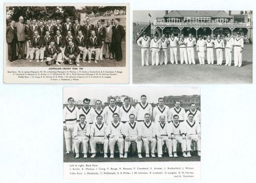 Australia tour to England 1956. Two mono/ sepia official real photograph postcards of the Australian touring party seated and standing in rows wearing cricket attire with printed players&rsquo; names to lower border. One slightly larger format with facsimile si