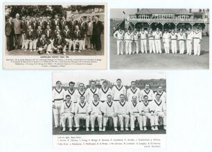 Australia tour to England 1956. Two mono/ sepia official real photograph postcards of the Australian touring party seated and standing in rows wearing cricket attire with printed players&rsquo; names to lower border. One slightly larger format with facsimile si