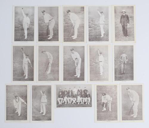 M.C.C. tour of New Zealand 1906/07. Fifteen of the set of sixteen mono postcards featuring members of the M.C.C. touring party and team group to New Zealand 1906/07. Players include De Trafford, Douglas, Simpson-Hayward, Page, Burns, Torrens, May, Fox, Cu