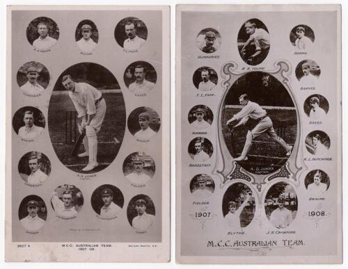 M.C.C. tour to Australia 1907/08. Two similar but different early original mono real photograph postcards, both with cameos of the fourteen members of the England touring party set on a plain background with printed titles below. Players featured on both 