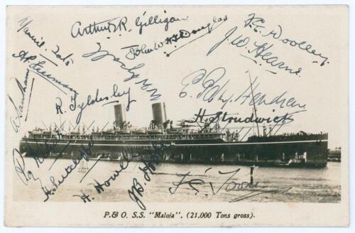 M.C.C. tour to Australia 1924/25. Official &lsquo;P&O S.S. Maloja&rsquo; real photograph postcard of the ship that brought the M.C.C. team from Australia back to England following the tour. Very nicely signed in ink by sixteen members of the touring party. Signatures