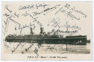 M.C.C. tour to Australia 1924/25. Official &lsquo;P&O S.S. Maloja&rsquo; real photograph postcard of the ship that brought the M.C.C. team from Australia back to England following the tour. Very nicely signed in ink by sixteen members of the touring party. Signatures