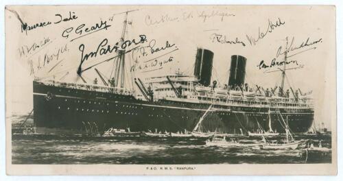 M.C.C. tour of India, Burma and Ceylon 1926/27. First English cricket tour of the sub continent since 1902/03. Large format mono real photograph postcard of the P&O liner, &lsquo;R.M.S. Ranpura&rsquo;. Published by the Ocean Trading Co., Southampton. Signed in black 