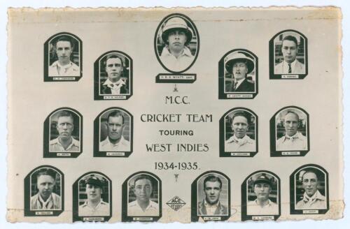 &lsquo;M.C.C. Cricket Team Touring West Indies 1934-1935&rsquo;. Rarer original real photograph postcard depicting fifteen members of the M.C.C. touring party in cameo. Players are Wyatt (Captain), Townsend, Holmes, Farnes, Smith, Hendren, Leyland, Paine, Hollies, Fa