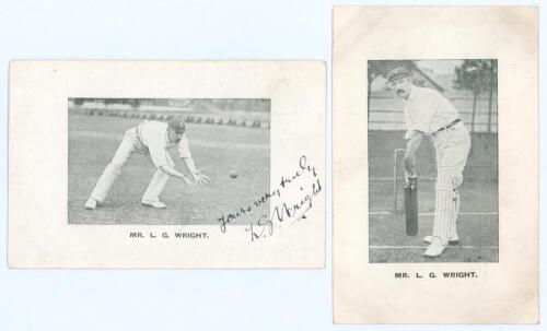 Levi George Wright. Derbyshire 1883-1909. Two early mono printed postcards of Wright from the same series, one in landscape format of Wright in fielding pose, very nicely signed in black ink &lsquo;Yours very truly, L.G. Wright&rsquo;. The other in portrait format of