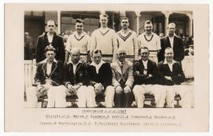 Derbyshire C.C.C. 1947 & 1948. Excellent mono real photograph plain back postcard of the 1947 team, seated and standing in rows, wearing cricket attire with title and players names to lower border. Sold with a postcard sized photograph of the 1848 team, a