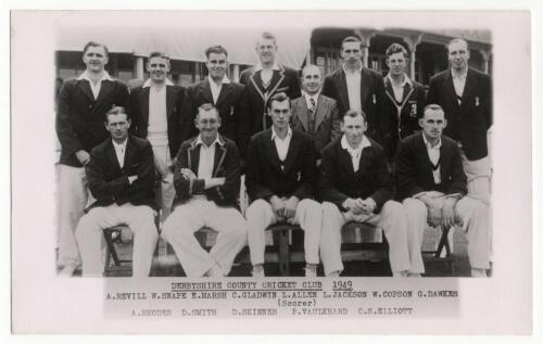 Derbyshire C.C.C. 1949 & 1950. Two excellent mono real photograph plain back postcard of the 1949 and 1949 teams, seated and standing in rows, wearing cricket attire with title and players names to lower borders. Both stamped A. Wilkes & Son, West Bromwic