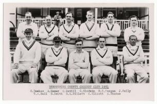 Derbyshire C.C.C. 1951 & 1952. Two excellent mono real photograph plain back postcard of the 1951 and 1952 teams, seated and standing in rows, wearing cricket attire with title and players names to lower borders. Both stamped A. Wilkes & Son, West Bromwic