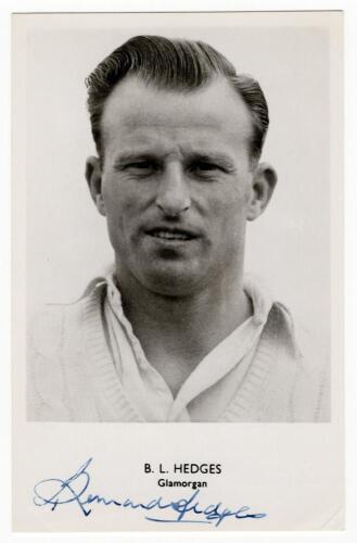 Bernard Hedges. Glamorgan 1950-67 and Allan Watkins. Glamorgan & England 1939-1963. Mono real photograph postcard of each player, head and shoulders, with name and county printed to lower border. Signed in ink by both Hedges and Watkins. Sporting Handbook