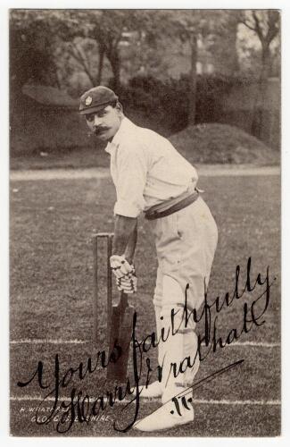 Harry Wrathall. Gloucestershire & London County 1894-1907. Early mono printed postcard of Wrathall standing full length at the wicket in batting pose wearing Gloucestershire cap. Boldly signed in black ink Wrathall &lsquo;Yours Faithfully&rsquo;. Series unknown. Pos