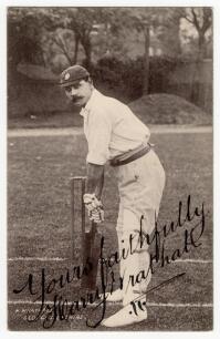 Harry Wrathall. Gloucestershire & London County 1894-1907. Early mono printed postcard of Wrathall standing full length at the wicket in batting pose wearing Gloucestershire cap. Boldly signed in black ink Wrathall &lsquo;Yours Faithfully&rsquo;. Series unknown. Pos