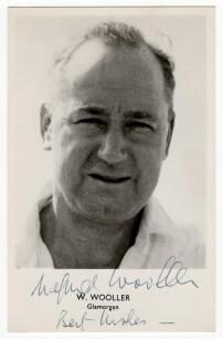 Wilfred Wooller. Glamorgan 1935-1962 and Don Shepherd. Glamorgan 1950-1972. Mono real photograph postcard of each player, head and shoulders, with name and county printed to lower border. Signed in ink by both Wooller and Shepherd. Sporting Handbooks Ltd.