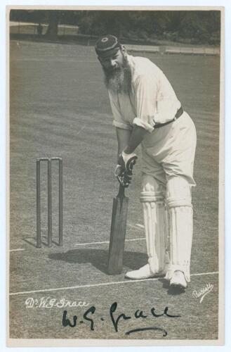 William Gilbert Grace. Gloucestershire, London County & England 1865-1908. Excellent and early mono real photograph postcard of Grace standing full length at the wicket in batting pose wearing a London County[?] cap. Printed title &lsquo;Dr. W.G. Grace&rsquo;. Very n