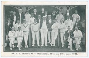 &lsquo;Mr. G.L. Jessop&rsquo;s XI v. Uddingston, 19th and 20th June, 1908&rsquo;. Rare and early mono printed postcard of the teams standing and seated in front of the pavilion, wearing cricket attire and assorted blazers and headgear for the match played at Uddingston, So