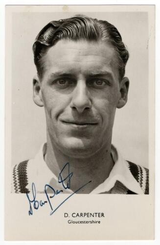 David Carpenter. Gloucestershire 1954-1963 and Barrie John Meyer. Gloucestershire 1957-1971. Mono real photograph postcards of each player, head and shoulders, with name and county printed to lower border. Signed in ink by both Carpenter and Meyer. Sporti