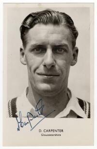 David Carpenter. Gloucestershire 1954-1963 and Barrie John Meyer. Gloucestershire 1957-1971. Mono real photograph postcards of each player, head and shoulders, with name and county printed to lower border. Signed in ink by both Carpenter and Meyer. Sporti