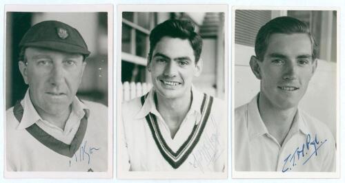 Gloucestershire post-war player postcards. Three mono real photograph postcards of Gloucestershire players, each depicted head and shoulders wearing cricket attire, and signed in ink to the photograph by the featured player. Players are B.H. Lyon (Glouces
