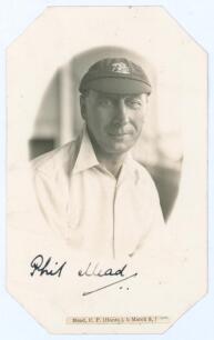 Charles Philip &lsquo;Phil&rsquo; Mead. Hampshire & England 1905-1936. Original mono real photograph postcard of Mead depicted head and shoulders in cameo wearing cricket attire and M.C.C. touring cap. Nicely signed in ink to the below the image by Mead. Thin paper s