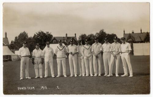 Hampshire C.C.C. 1912. Mono real photograph postcard of the Hampshire team, taken at Bournemouth, for the match Hampshire v Warwickshire, 29th to 31st August 1912. Bournemouth View Co Ltd. A rarer postcard. G/VG