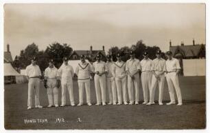 Hampshire C.C.C. 1912. Mono real photograph postcard of the Hampshire team, taken at Bournemouth, for the match Hampshire v Warwickshire, 29th to 31st August 1912. Bournemouth View Co Ltd. A rarer postcard. G/VG