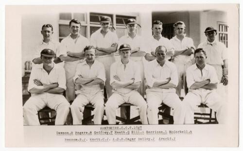 Hampshire C.C.C. 1947 & 1948. Excellent mono real photograph plain back postcard of the 1947 team, seated and standing in rows, wearing cricket attire with title and players names to lower border. Sold with a postcard sized photograph of the 1848 team, ag