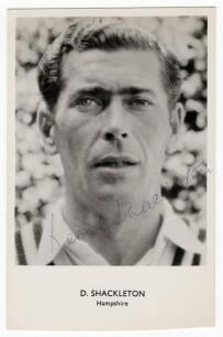 Derek Shackleton. Hampshire & England 1948-1969, David White. Hampshire & England 1957-1971 and Peter Sainsbury, Hampshire 1954-1976. Three mono real photograph postcards of each player, head and shoulders, with name and county printed to lower border. Si