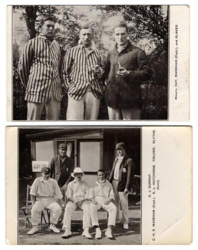 Kent c.1905. Two early mono postcards of groups of Kent players. One of C.H.B. Marsham, Sammy Day and Dick Blaker three quarter length in blazers, the other with five seated wearing cricket attire in front of a pavilion of Marsham, Cuthbert Burnup, Kennet