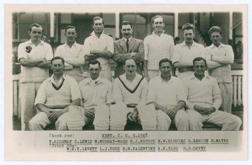 Kent C.C.C. 1947. Mono real photograph plainback postcard of the Kent team with title and players names to lower border. Official stamp to verso for A. Wilkes & Son, West Bromwich.