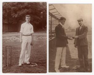 Colin Blythe. Kent & England 1899-1914. Early sepia real photograph postcard of a youthful Blythe standing full length at the wicket in cricket attire and Kent cap, holding a ball. The postcard appears to be by Foster of Brighton. Minor wear to edges, adh