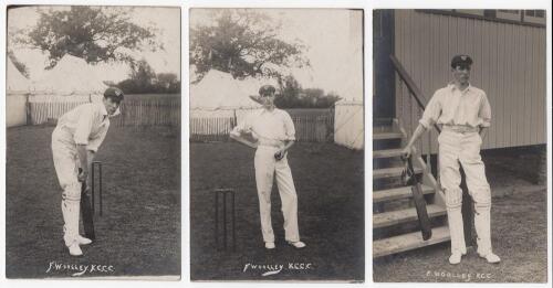 Frank Edward Woolley. Kent & England 1906-1938. Three early real photograph postcards of a youthful Woolley in his debut first-class season wearing cricket attire and Kent cap in different poses, all apparently taken at the Angel Ground, Tonbridge in 1906