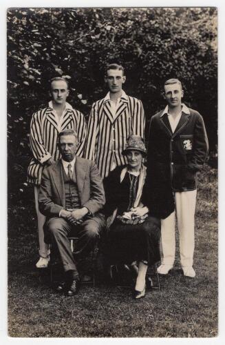 Kent. The Bryan brothers c.1925. Original mono real photograph postcard of the three Bryan brothers, Ronnie (Kent 1920-1937), Godfrey (Kent 1920-1933) and Jack (Kent & Cambridge University 1919-1932) standing full length wearing cricket attire and blazers