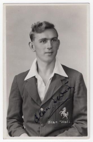Alan Edward Watt. Kent 1929-1939. Mono real photograph studio portrait of Watt, half length wearing cricket attire and Kent blazer. Nicely signed in black ink to the photograph by Watt. Printed title &lsquo;Alan Watt&rsquo;. Date &lsquo;1936&rsquo; annotated in pencil to verso. 