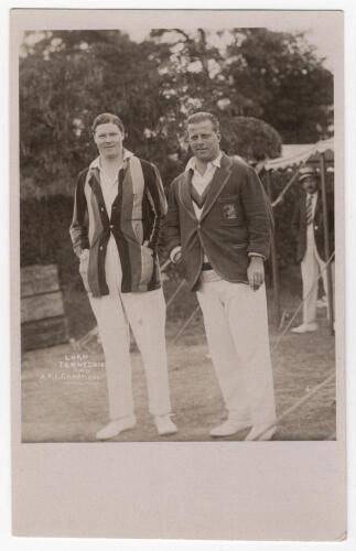 Kent and Hampshire c.1932. Percy Chapman and Lord Tennyson c.1932. Original sepia real photograph postcard of Chapman (Cambridge University, Kent & England 1920-1938) and Lord Tennyson (Hampshire & England 1913-1935) standing together full length wearing 
