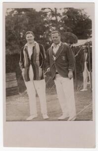 Kent and Hampshire c.1932. Percy Chapman and Lord Tennyson c.1932. Original sepia real photograph postcard of Chapman (Cambridge University, Kent & England 1920-1938) and Lord Tennyson (Hampshire & England 1913-1935) standing together full length wearing 