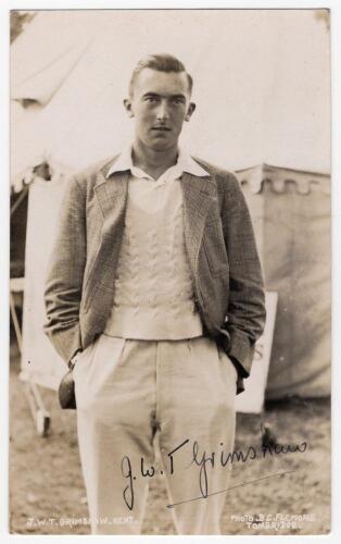 James William Travis Grimshaw. Cambridge University & Kent 1932-1935. Rarer sepia real photograph postcard of Grimshaw standing three quarter length wearing cricket attire and jacket. Nicely signed in black ink to the photograph by Grimshaw. Printed title