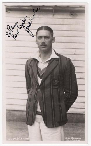 John William &lsquo;Jack&rsquo; Martin. Kent & England 1939-1953. Mono real photograph plain back postcard of Martin standing three quarter length wearing cricket attire and blazer. Signed in black ink with dedication to the photograph &lsquo;To Plum [H.W. Warner?] by Mart