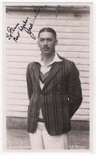John William &lsquo;Jack&rsquo; Martin. Kent & England 1939-1953. Mono real photograph plain back postcard of Martin standing three quarter length wearing cricket attire and blazer. Signed in black ink with dedication to the photograph &lsquo;To Plum [H.W. Warner?] by Mart