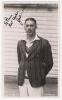John William &lsquo;Jack&rsquo; Martin. Kent & England 1939-1953. Mono real photograph plain back postcard of Martin standing three quarter length wearing cricket attire and blazer. Signed in black ink with dedication to the photograph &lsquo;To Plum [H.W. Warner?] by Mart
