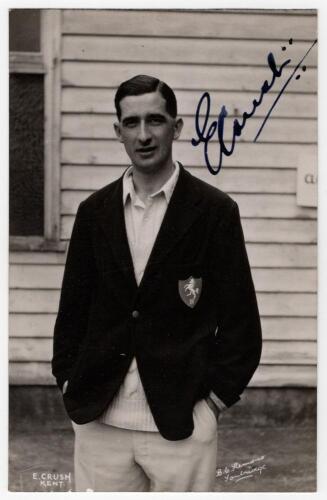 Edmund &lsquo;Eddie&rsquo; Crush. Kent 1946-1949. Mono real photograph plain back postcard of Crush standing three quarter length wearing cricket attire and Kent 2nd XI blazer. Very nicely signed in black ink to the photograph by Crush. Printed title &lsquo;E. Crush. Kent&rsquo;