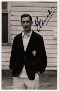 Edmund &lsquo;Eddie&rsquo; Crush. Kent 1946-1949. Mono real photograph plain back postcard of Crush standing three quarter length wearing cricket attire and Kent 2nd XI blazer. Very nicely signed in black ink to the photograph by Crush. Printed title &lsquo;E. Crush. Kent&rsquo;