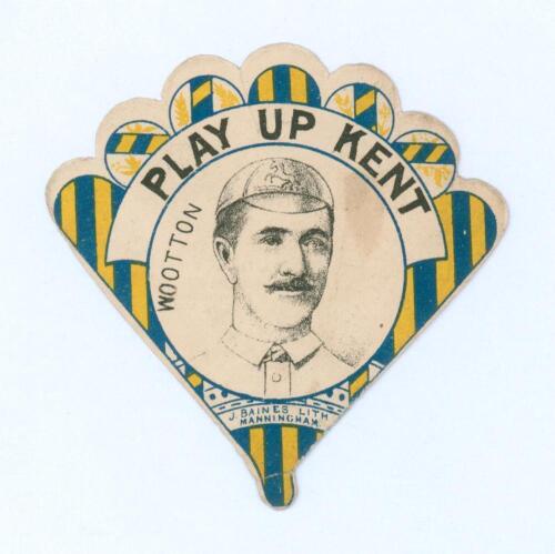 James &lsquo;Jimmy&rsquo; Wootton. Kent & Hampshire 1880-1900. Rare early fan shaped trade card with cameo of Wootton, named, to left hand side and title &lsquo;Play Up Kent&rsquo; above. J. Baines Litho, Bradford 1890s. With advertising to reverse. Minor soiling, otherwise in g