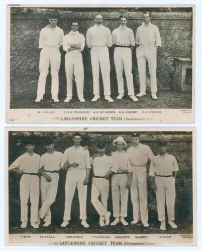 Lancashire C.C.C. c.1905. Two early mono real photograph postcards, both with Lancashire players standing full length in one row wearing cricket attire, printed title and players&rsquo; names to lower borders. One features five &lsquo;Gentlemen&rsquo;, Findlay, Poidevin, M