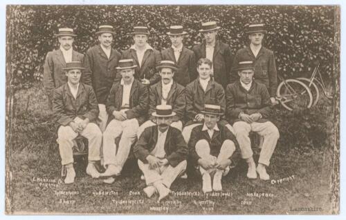 Lancashire C.C.C. c.1910. Early mono postcard of the Lancashire players seated and standing in rows wearing blazers, all bar one with straw boaters. Players are A.H. Hornby (Captain), W.K. & J.D. Tyldesley, Huddleston, Cook, G.E. & J.T. Tyldesley, Makepea