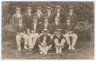 Lancashire C.C.C. c.1910. Early mono postcard of the Lancashire players seated and standing in rows wearing blazers, all bar one with straw boaters. Players are A.H. Hornby (Captain), W.K. & J.D. Tyldesley, Huddleston, Cook, G.E. & J.T. Tyldesley, Makepea
