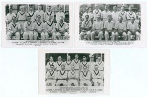 Lancashire C.C.C. 1950-1952. Three mono real photograph plain back postcards of Lancashire teams of 1950, 1951 & 1952 seated and standing rows wearing cricket attire. Printed titles and players&rsquo; names to lower borders. Players featured include Howard, Tat