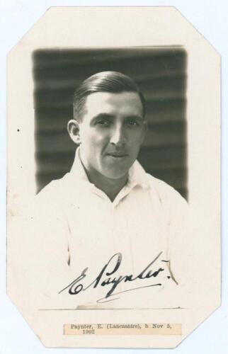 Edward Paynter. Lancashire & England 1926-1945. Original mono real photograph postcard of Paynter depicted head and shoulders in cameo wearing cricket attire. Nicely signed in ink to the below the image by Paynter. Thin paper strip attached to lower borde