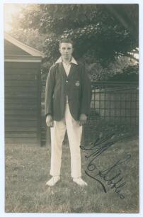 Frank Marshall Sibbles. Lancashire 1925-1937. Mono real photograph postcard of Sibbles standing full length wearing cricket attire and blazer. Very nicely signed in black ink to the photograph by Sibbles. Official stamps to verso for Nias and A.G. Spaldin